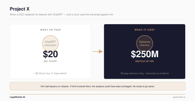 Side-by-side cost comparison showing ChatGPT&rsquo;s $20 per month subscription versus the $250 million earnout at risk in Delaware Chancery
